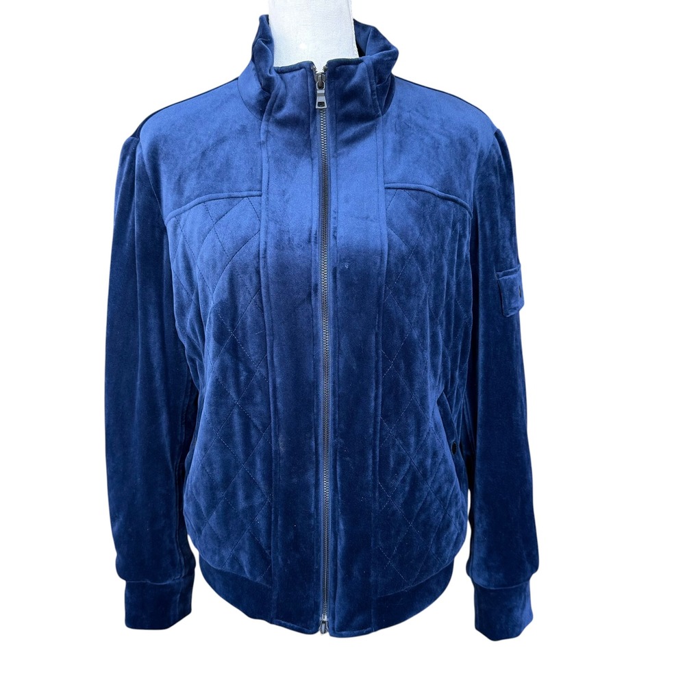 Laundry by Shelli Segal Navy Quilted Velvet Bomber Jacket Mock‎ Neck Womens L